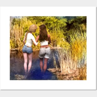 Two women girls wading in pond zen yoga buddhism Posters and Art